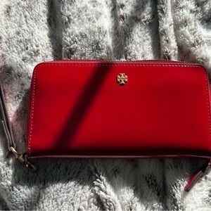 Tory Burch Bright Red Wallet with Gold Logo
